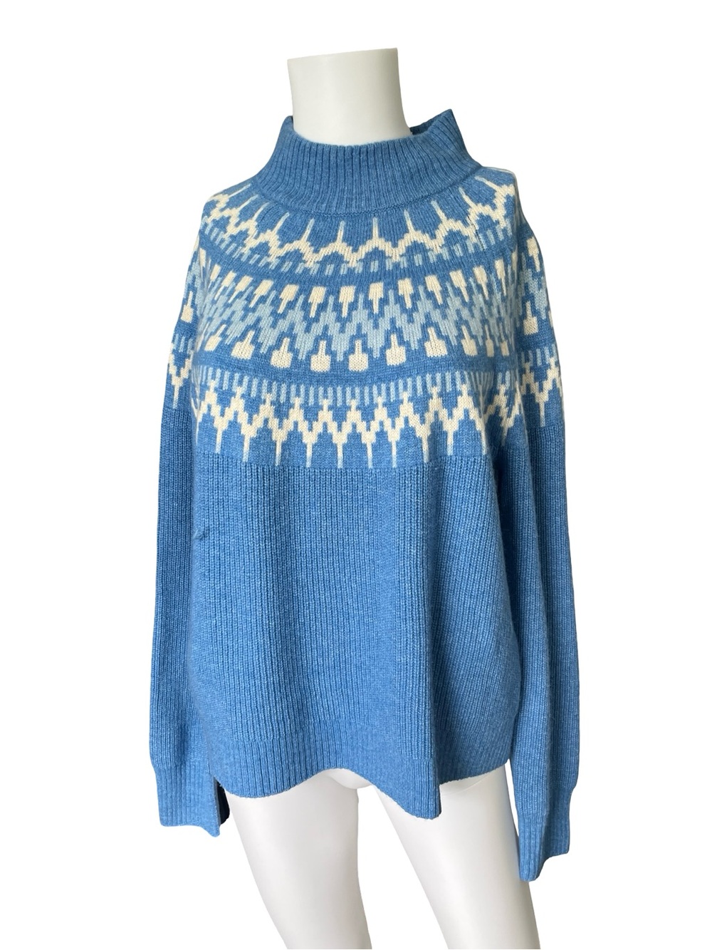 J Crew Fair Isle Mock Neck Sweater Blue Knit Wool Blend Womens Size Medium M